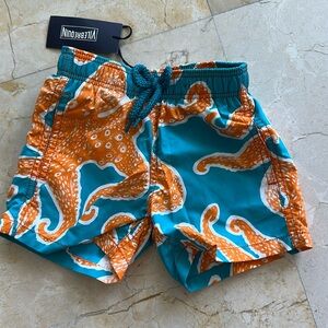 Vilebrequin NEW Teal Blue Orange Octopus Swim Trunks Size 2 Ans 2T NWT